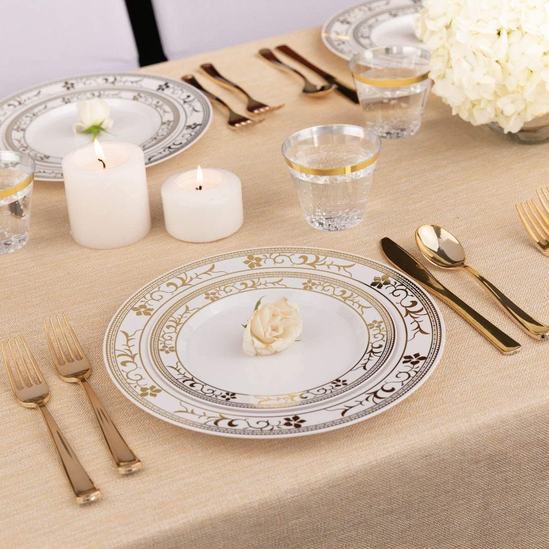 125-Piece White and Gold Floral Fancy Plastic Plates Disposable with Silverware, Elegant Dinnerware for Weddings, Holiday Party China, Set of 25