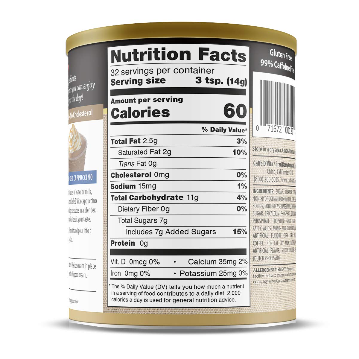 Caffe D'Vita White Chocolate Mix - Gluten Free, No Cholesterol, No Trans Fat, 99% Caffeine Free, Instant Coffee Mix - 96 Oz (Pack of 6)