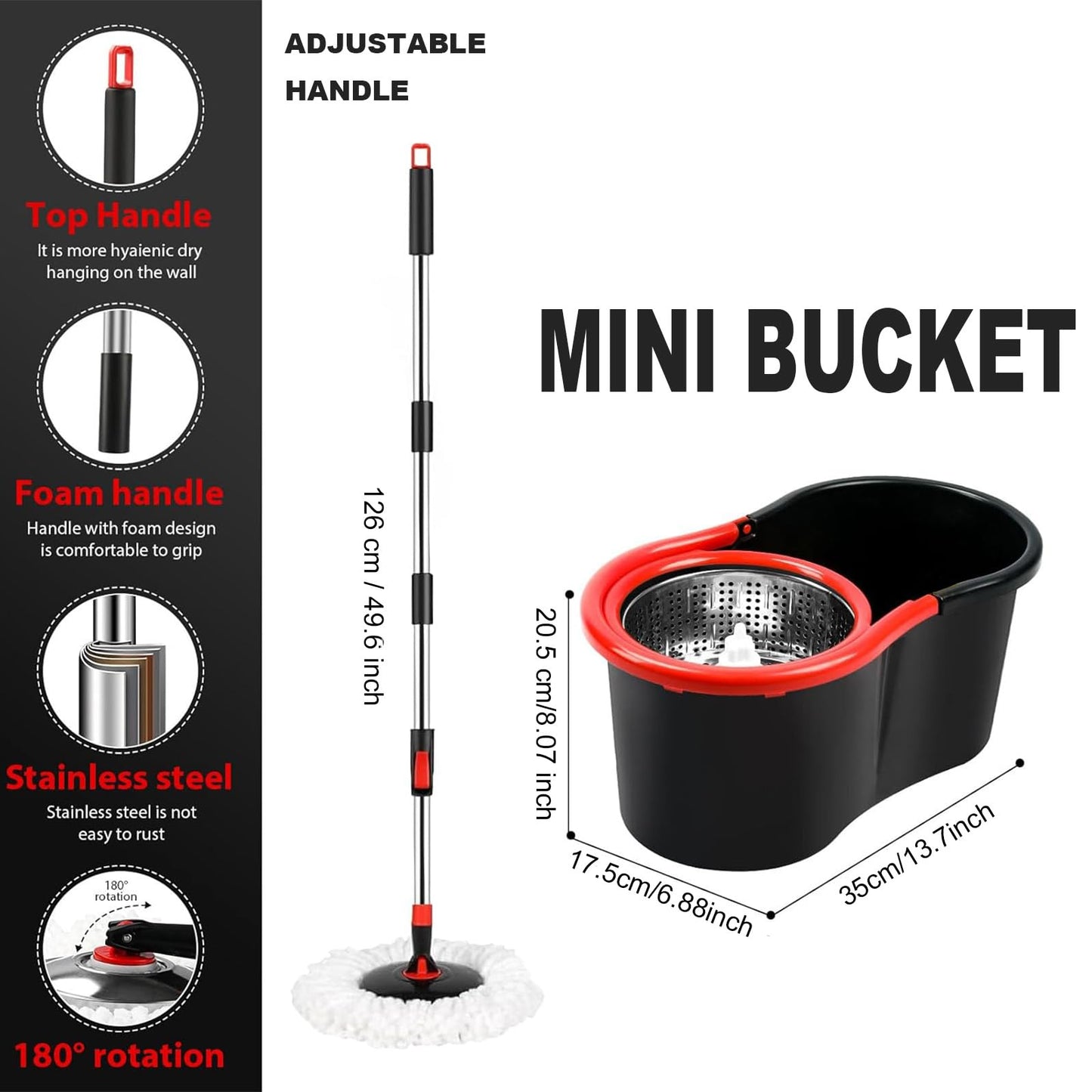PULNDA Spin Mop and Bucket with Wringer Set, 360° Spinning Mop Bucket System with 1 Microfiber Mop Replacement Heads and 50" Stainless Steel