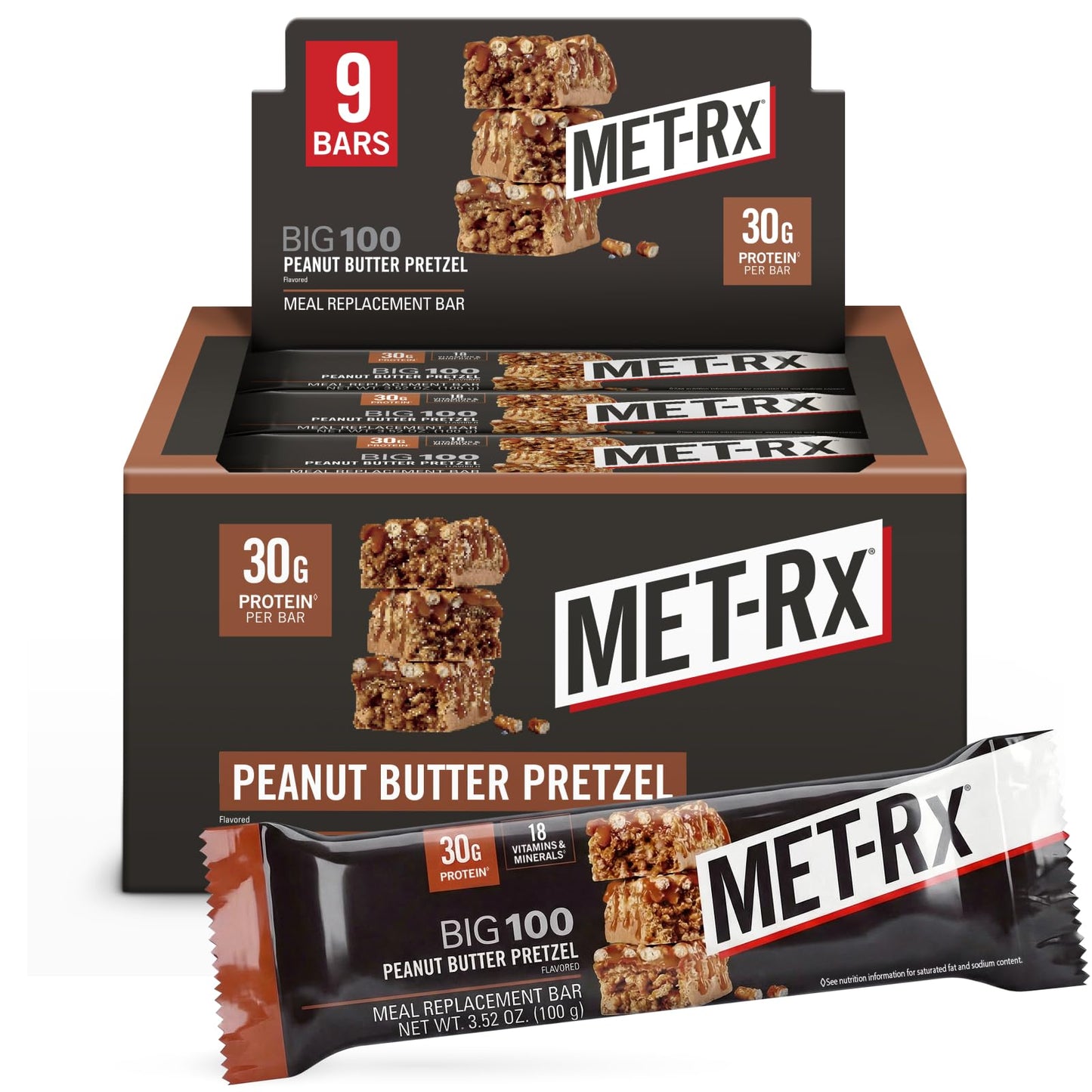MET-Rx Big 100 Colossal Protein Bars, Great as Healthy Meal Replacement, Snack, and Help Support Energy, Peanut Butter Pretzel, With Vitamin A