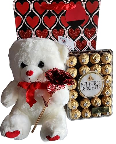 Ferrero Rocher Valentine's Day Gift Bundle -Assorted Chocolate, Teddy Bear, Share The Love Holographic Rose, Valentines Day Themed Gift Bag (Fine