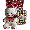 Ferrero Rocher Valentine's Day Gift Bundle -Assorted Chocolate, Teddy Bear, Share The Love Holographic Rose, Valentines Day Themed Gift Bag (Fine