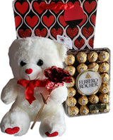 Ferrero Rocher Valentine's Day Gift Bundle -Assorted Chocolate, Teddy Bear, Share The Love Holographic Rose, Valentines Day Themed Gift Bag (Fine