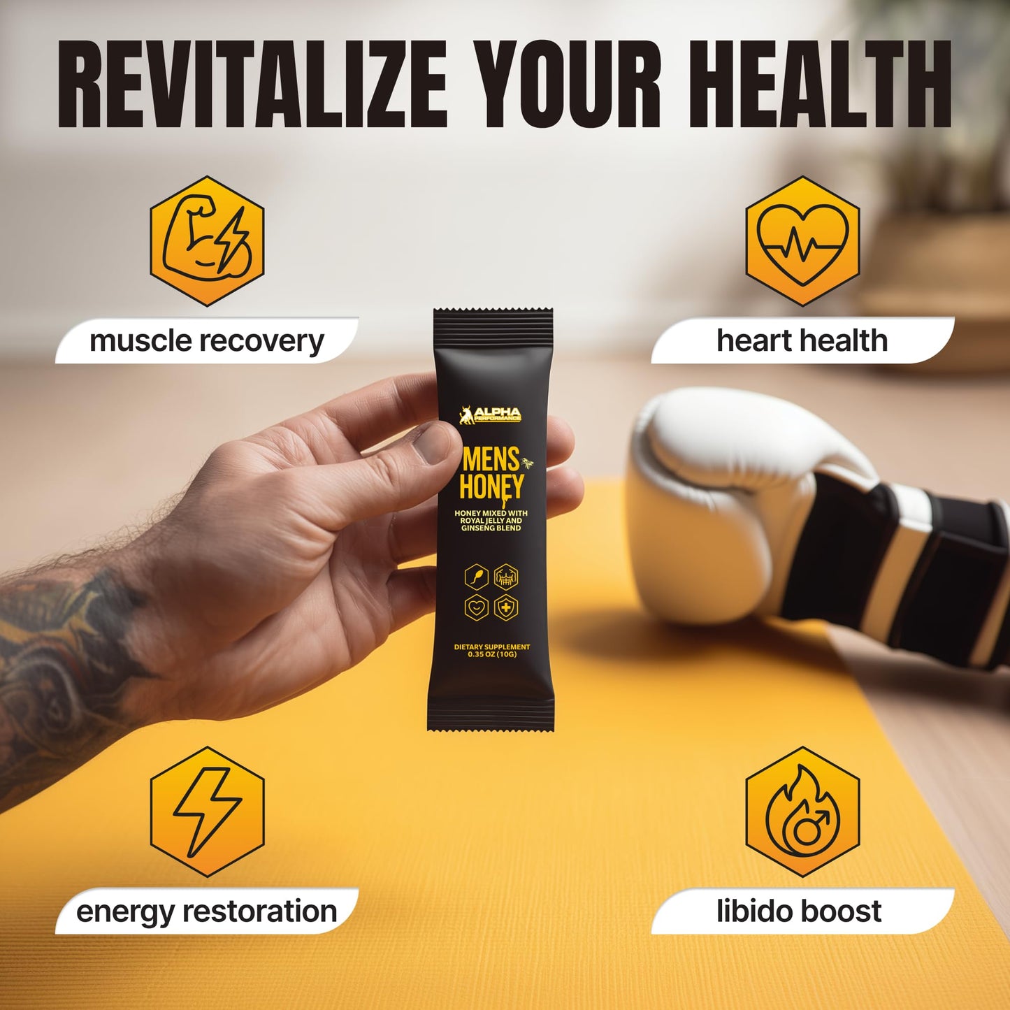 Royal Jelly Honey for Men - Extra Strength Quality, Improved Formula, Herbal Superfood Mix - Raw & Natural Energy & Power Honey Packs, No Added Sugar