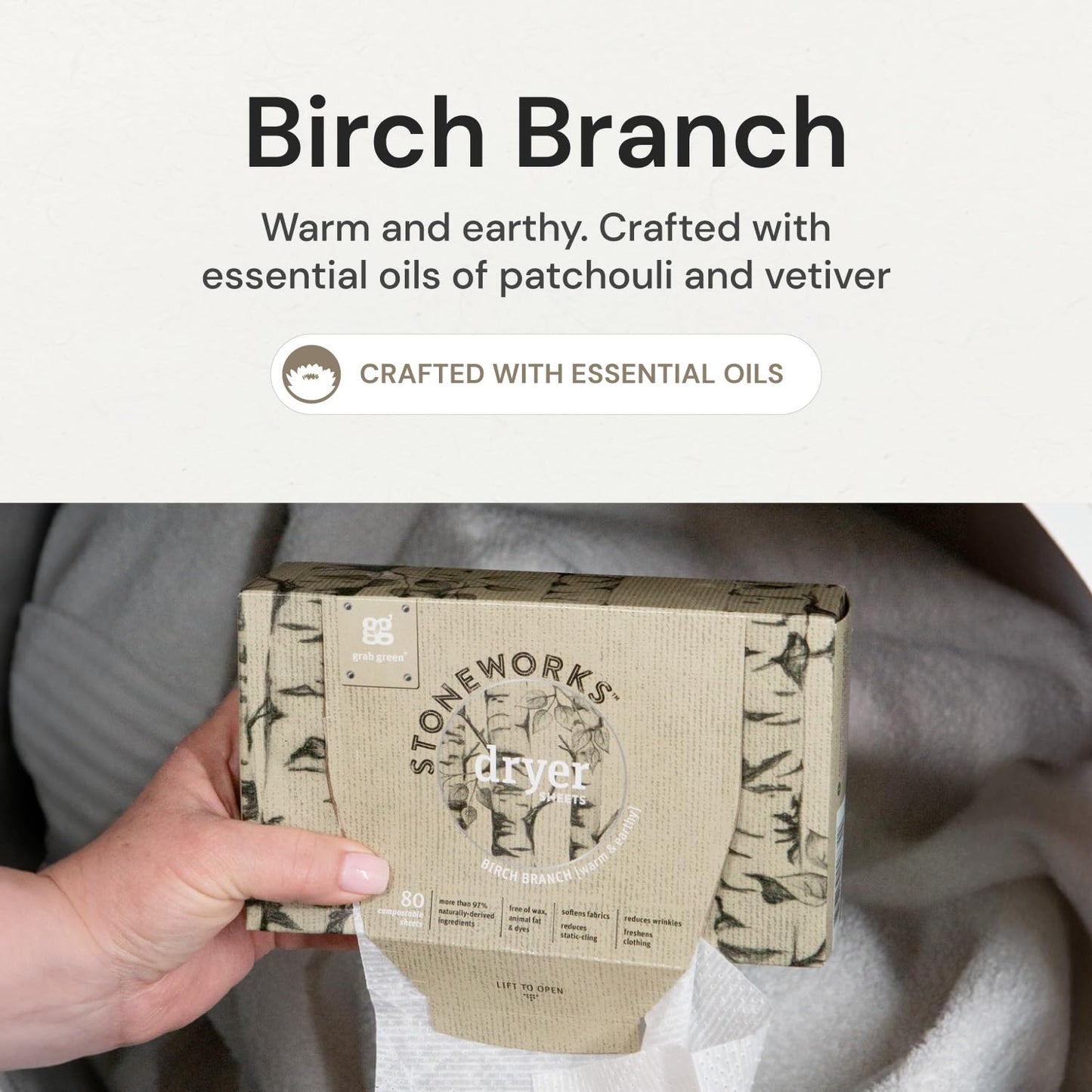 Grab Green Stoneworks Cruelty-Free Dryer Sheets | Softens Fabrics, Freshens Clothing & Reduces Static-Cling and Wrinkles | Plant Based | Birch Branch