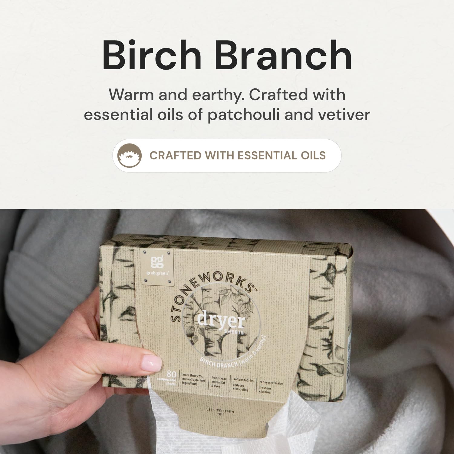 Grab Green Stoneworks Cruelty-Free Dryer Sheets | Softens Fabrics, Freshens Clothing & Reduces Static-Cling and Wrinkles | Plant Based | Birch Branch