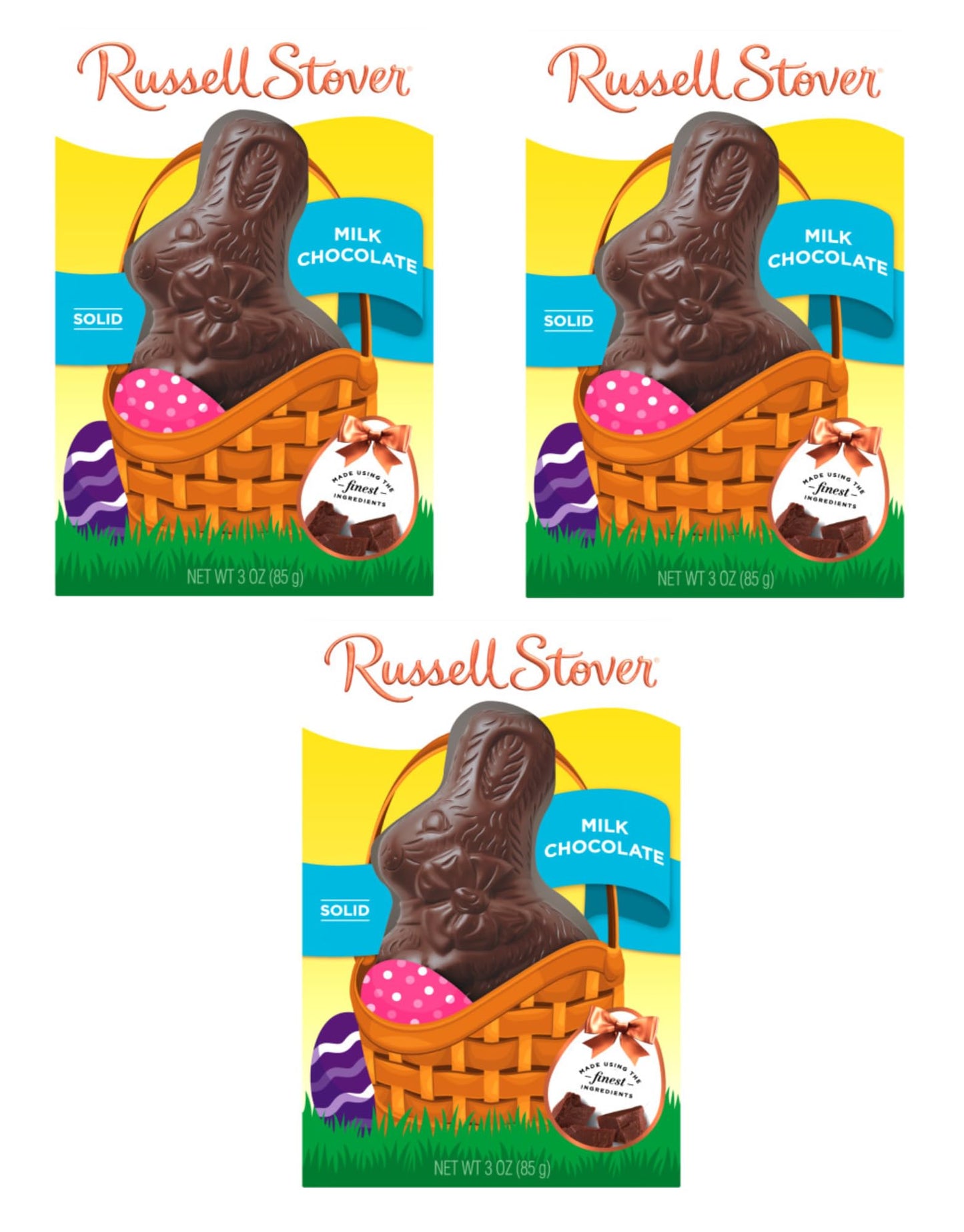 Russell Stover Milk Chocolate Bunnies - Pack of 3 - Solid Milk Chocolate - Perfect for Easter Baskets or Sharing with Friends and Family - Tasty
