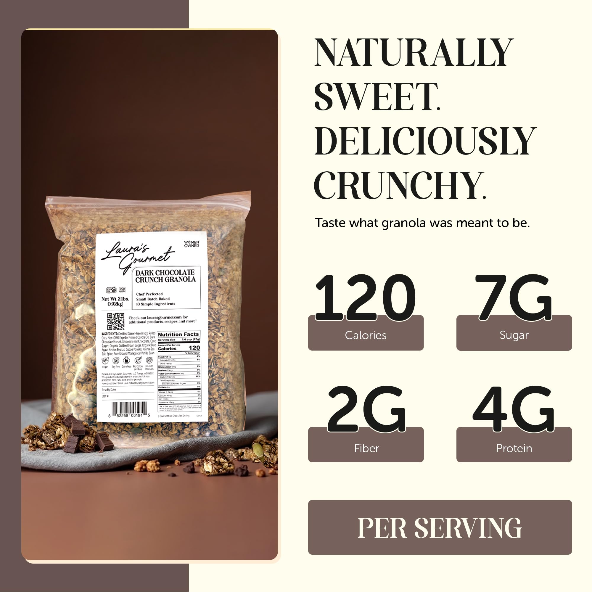 Laura's Gourmet Granola Dark Chocolate Crunch, 2 lb, Gluten-Free Oats, Vegan, Dairy & Soy Free Snack, Organic Agave, Bittersweet Chocolate & Cocoa