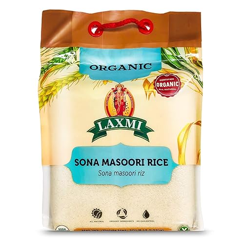 Laxmi Organic Sona Masoori Rice, All Natural, Organic Ingredients, No Cholesterol, USDA Organic, Vegetarian (10lbs)