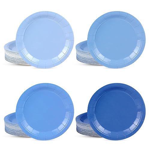 Axigundaone 144 Pcs Dusty Blue Paper Plates Bulk, 7 Inch Gradient Blue Cake Plate Disposable, Round Dessert Paper Plates for Birthday, Wedding, Party