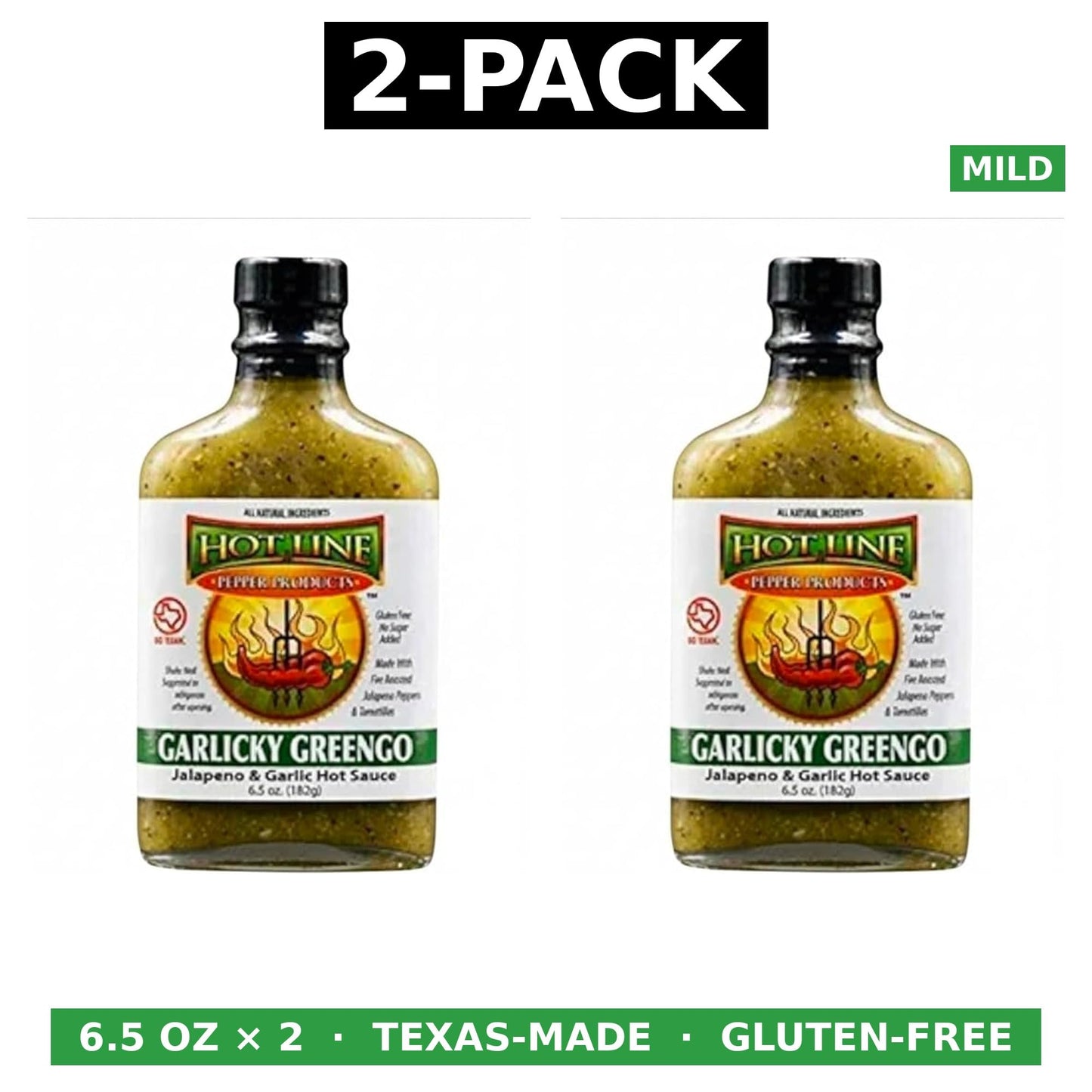 Garlicky Greengo Hot Sauce 2-Pack | Jalapeno & Garlic Green Hot Sauce | Gluten-Free | Go Texan | Texas Craft | 2 x 6.5oz | Hot Line Pepper Products
