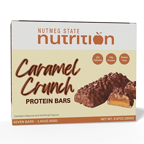 Nutmeg State Nutrition - High Protein Bars, Gluten Free, Low Cholesterol, Low Sodium, Low Sugar, Ideal Protein Compatible, 7 Servings Per Box (Caramel