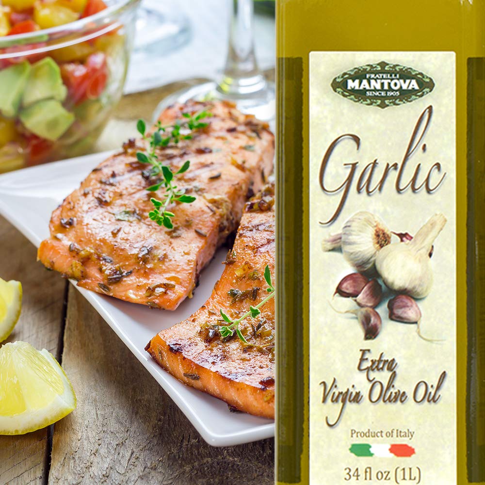 Mantova Garlic Extra Virgin Olive Oil (EVOO), Cold-Pressed and Imported from Italy 34 oz Glass Bottle - Flavorful Topping for Salads, Vegetables, and Pasta Dishes - Ideal for Dipping Italian Bread or Pan Frying - Convenient and Versatile (Pack of 2)