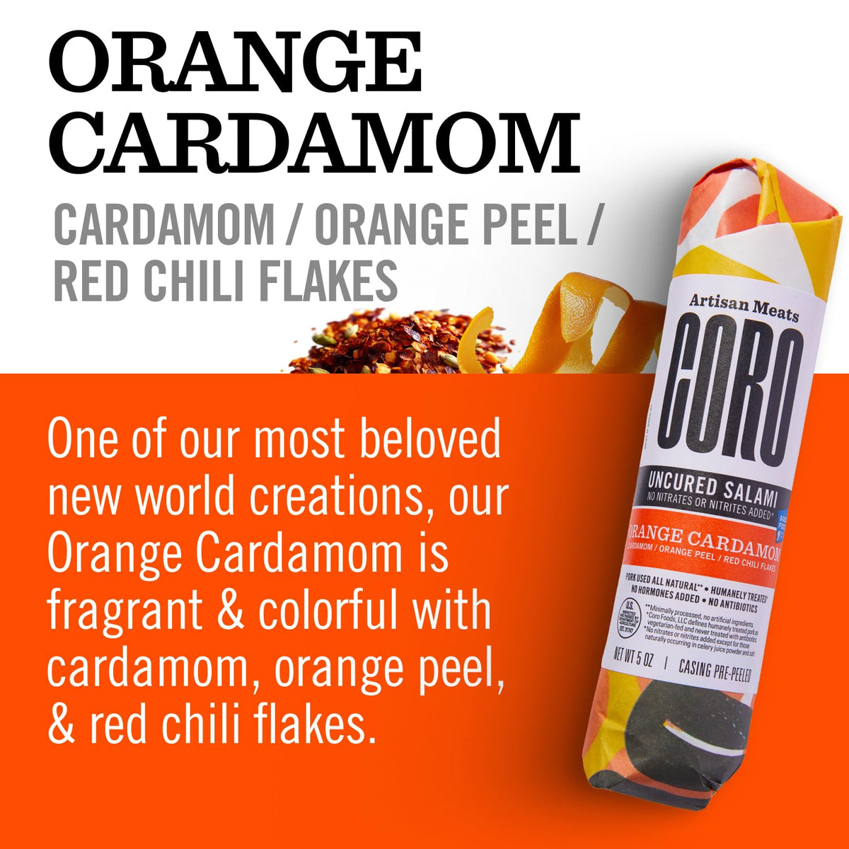 Coro Cardamom & Orange Uncured Salami Stick - 5oz | Sweet Citrus & Spice