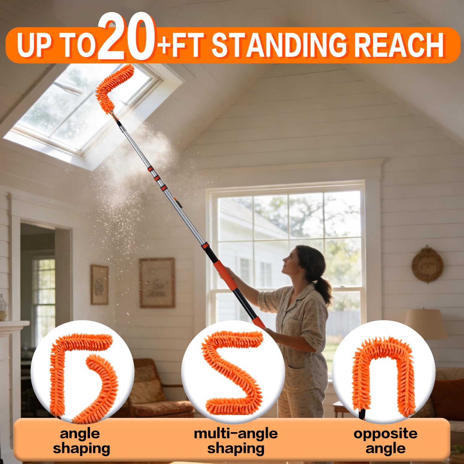 20FT High Reach Duster Cleaning Kit with 3-12 FTExtension Pole, High Ceiling Fan Cleaner Duster Tool for Fan Blades, Extendable Reusable Cobweb
