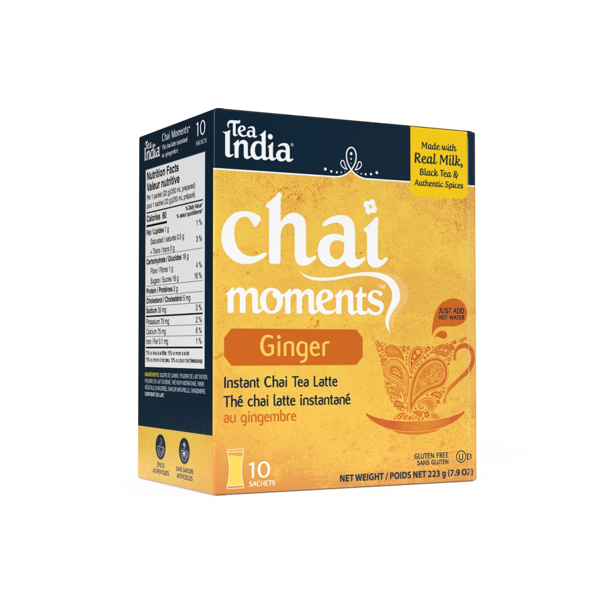 Tea India Chai Moments Ginger Chai Tea Instant Latte Mix Flavorful Blend Of Premium Black Tea, Ginger & Natural Ingredients Traditional Indian