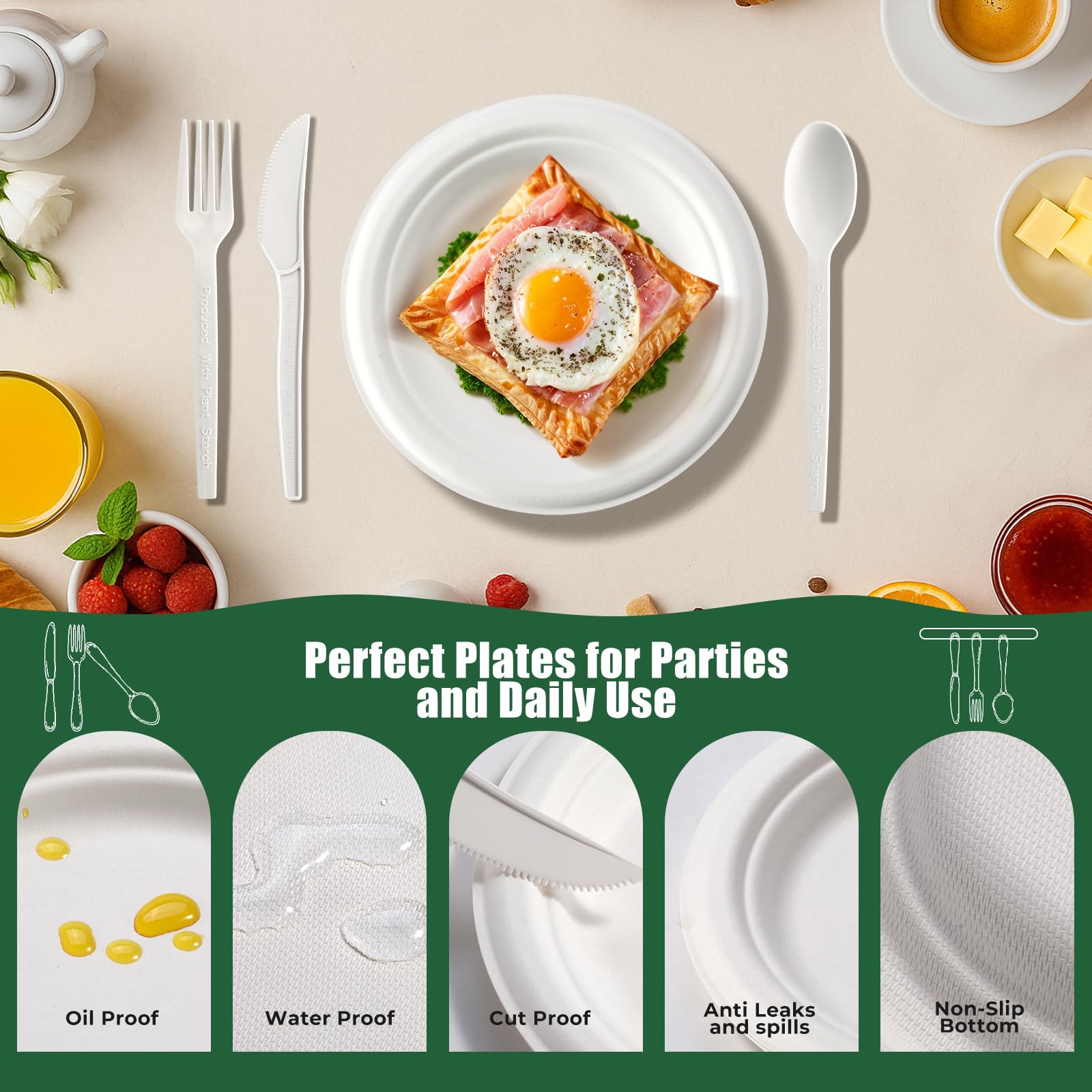 250 Pcs Biodegradable Paper Plates Set Disposable Dinnerware Set, Eco Friendly Compostable (EXTRA LONG UTENSILS), Utensil include, Forks, Knives