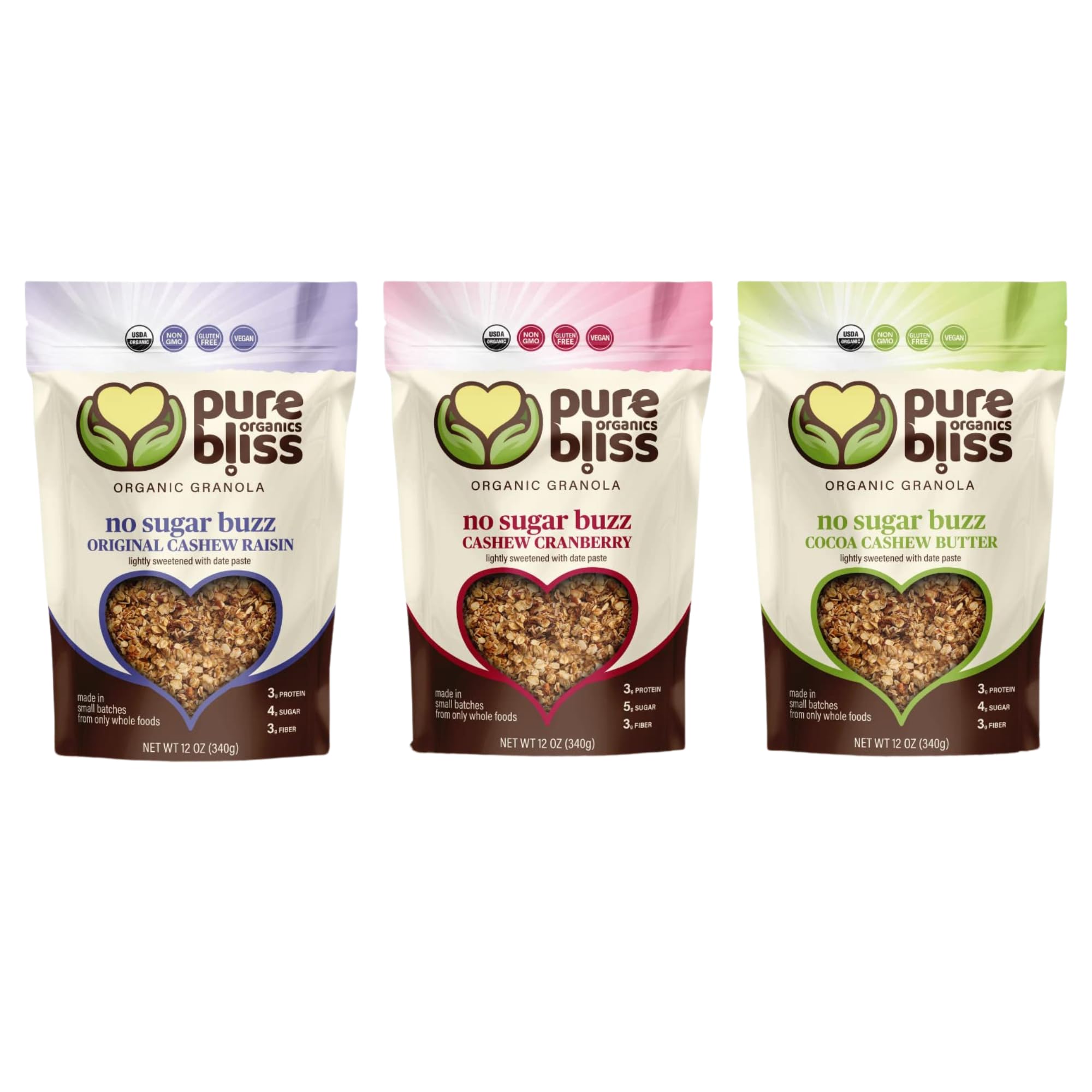 Pure Bliss Organics NO SUGAR BUZZ GRANOLA VARIETY PACK, 3-12oz bags, one each Cashew Raisin Granola, Cashew Cranberry , Cocoa Cashew Butter