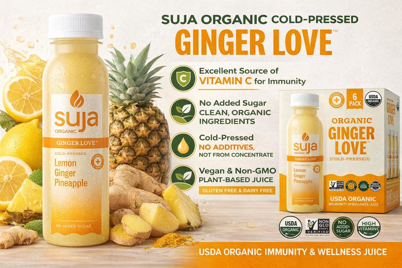 Suja Organic Cold-Pressed Ginger Juice - Lemon Pineapple Immunity Blend, No Added Sugar, Vitamin C, Vegan USDA Certified, 6 Pack (10.5 Fl Oz Each)