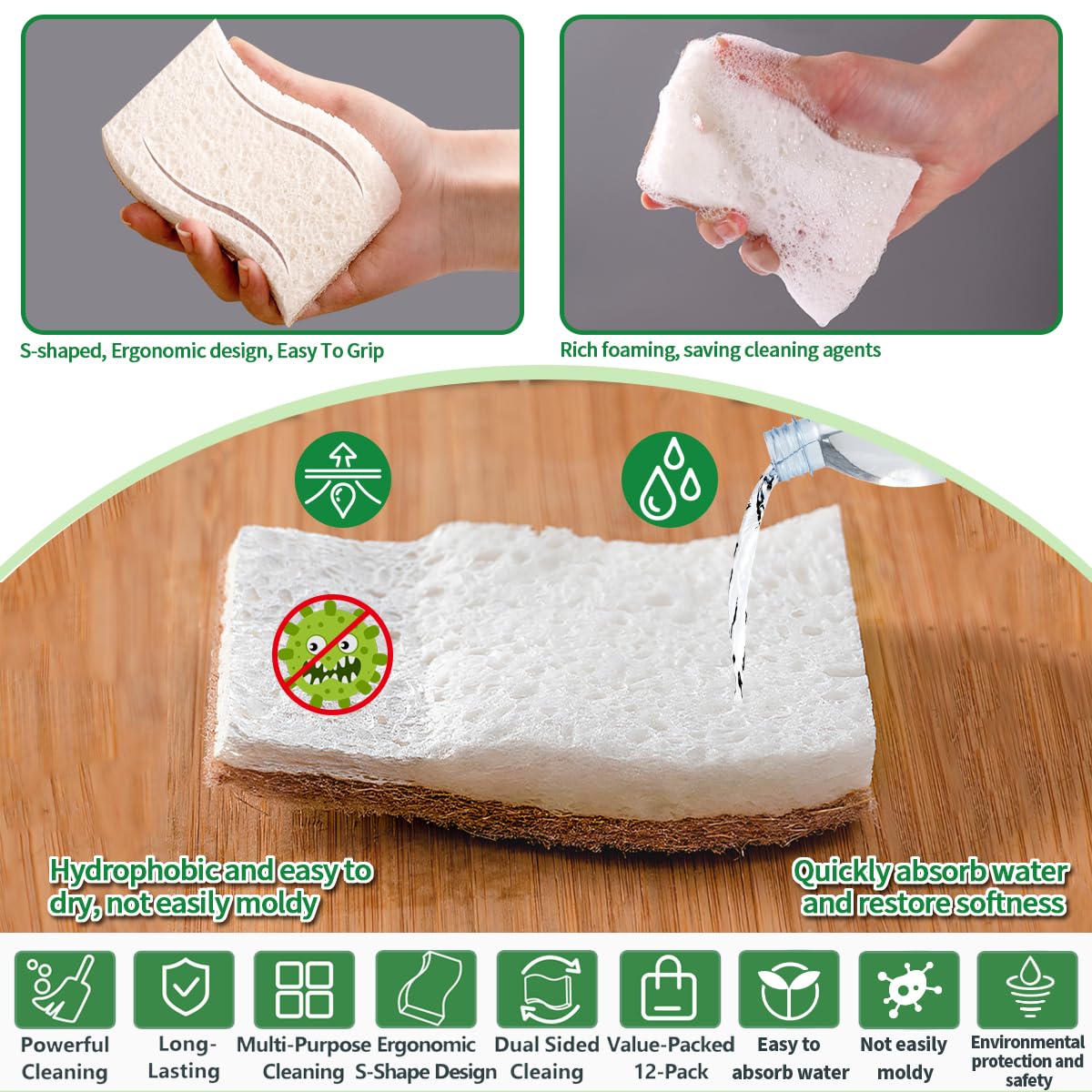 Sponges Kitchen Natural Dish Sponge Plant-Based Biodegradable Compostable Cellulose with Coconut Scrubber Sponge Non Scratch Eco Friendly Kitchen