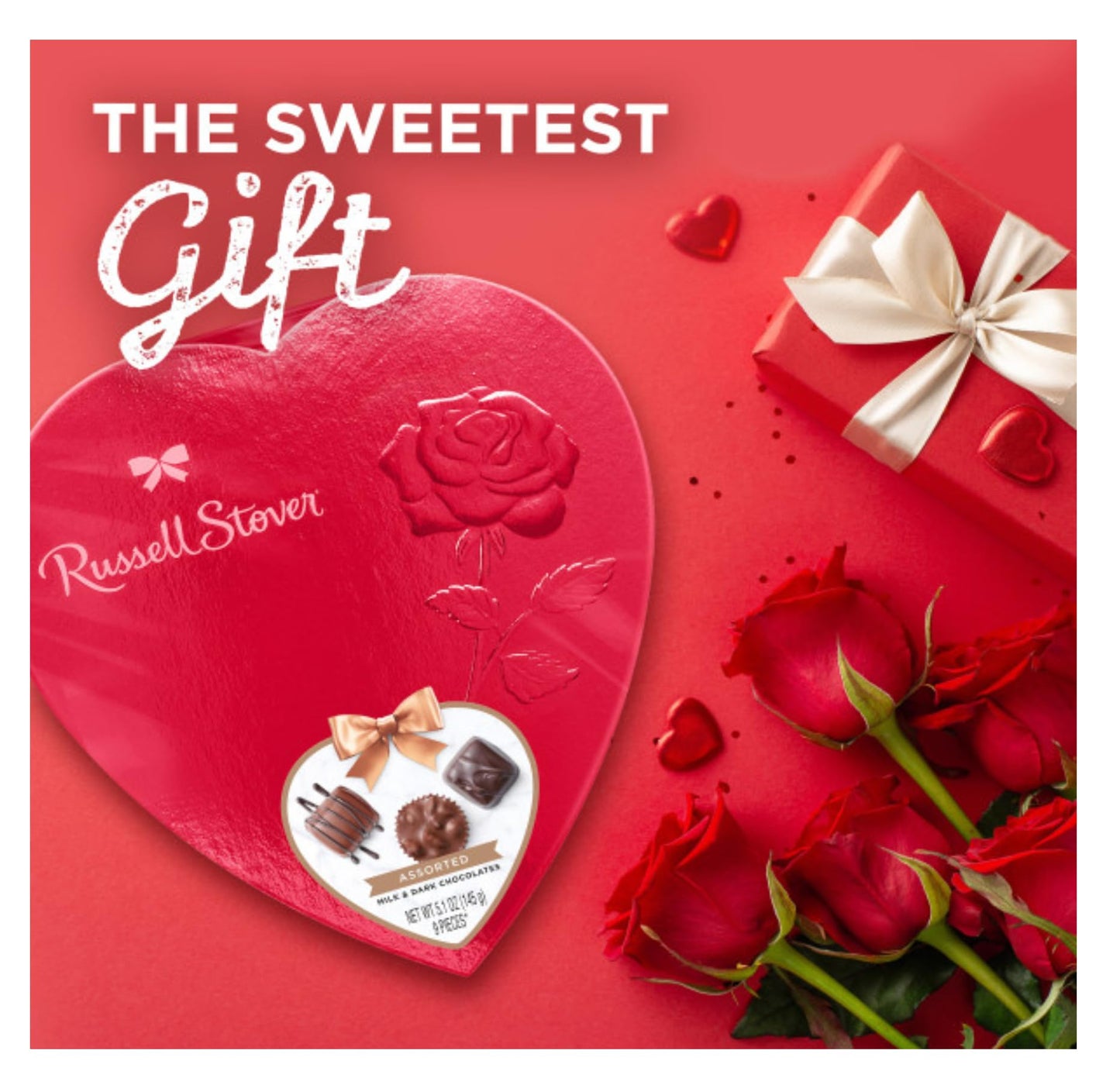 Russell Stover Valentine's Day Red Foil Heart - Assorted Milk and Dark Chocolate Candy - Perfect for That Special Someone - 9 Pieces