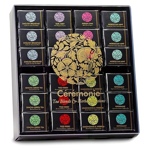 Ceremonie Tea Variety Pack - Kosher Tea Set with Wooden Serving Tray - Wrapped Individually in Silky Mesh Bags - Herbal Tea Boxes - Gift Set of 8