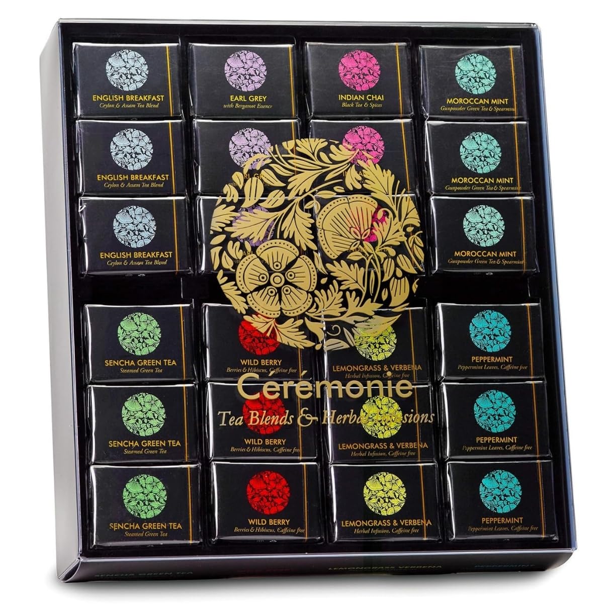 Ceremonie Tea Variety Pack - Kosher Tea Set with Wooden Serving Tray - Wrapped Individually in Silky Mesh Bags - Herbal Tea Boxes - Gift Set of 8