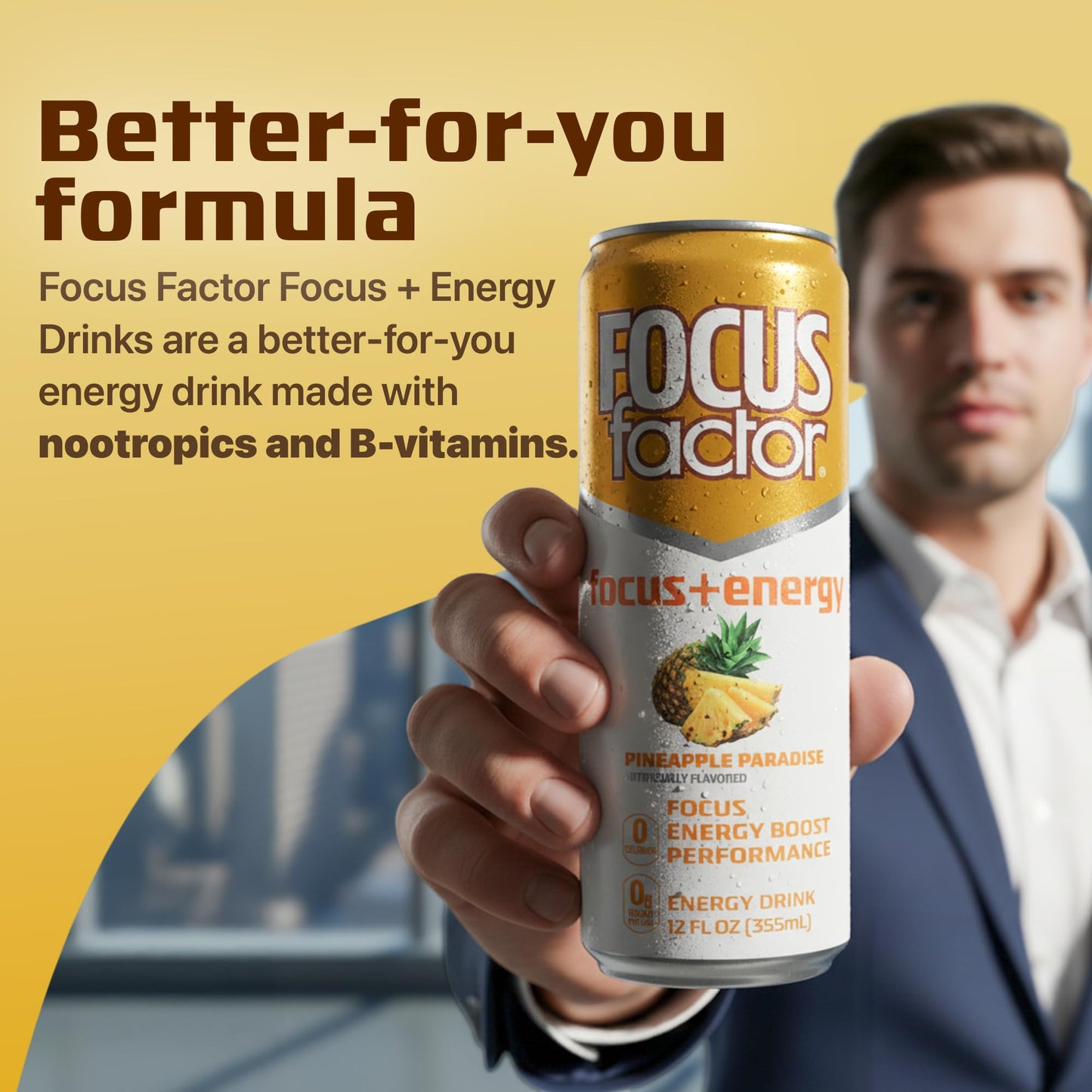 Focus Factor Energy Drink - 12 x 355ml Cans (Pineapple Paradise Flavor) - with Focus + Energy - Lightly Carbonated, Sugar Free, Low Calorie