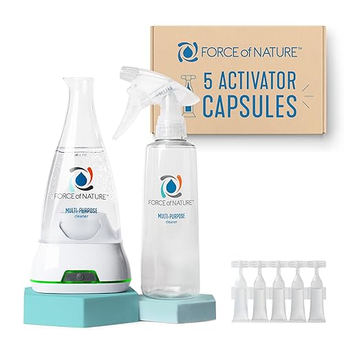 Force of Nature Multi-Purpose Cleaner, Disinfectant & Deodorizer Starter Kit - All Purpose Cleaning Spray with Reusable Bottle, 5 Refills - EPA