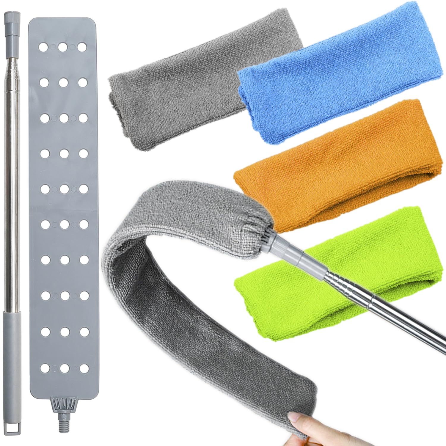 Retractable Gap Dust Cleaner Brush with 4 pcs Replacement Duster Cloth, 100 inches Extendable Pole, Flexible Microfiber Duster for Cleaning Under