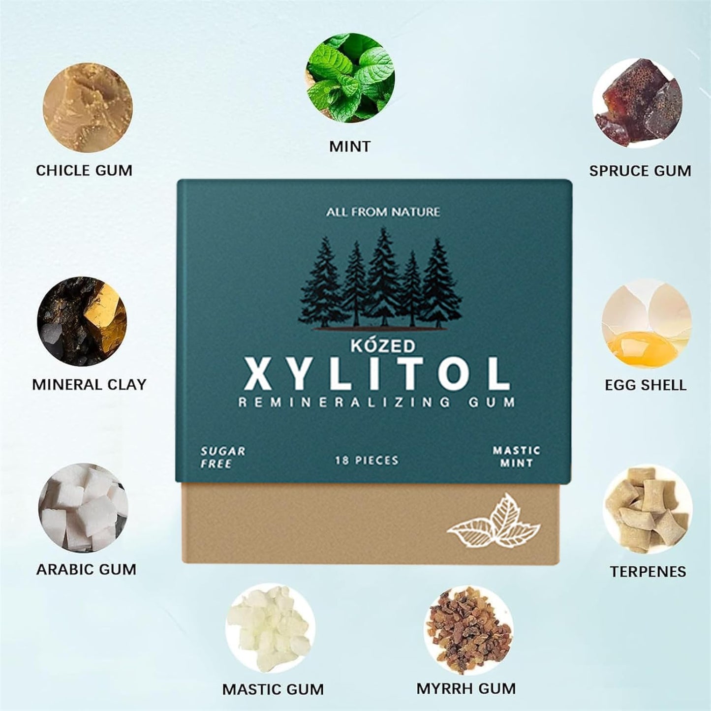ZLXNROGN Xylitol Remineralizing Chewing Gum, Spearmint, Sugar Free, with Hydroxyapatite and Coconut Oil, Non-GMO, 18 Pieces, Pack of 4