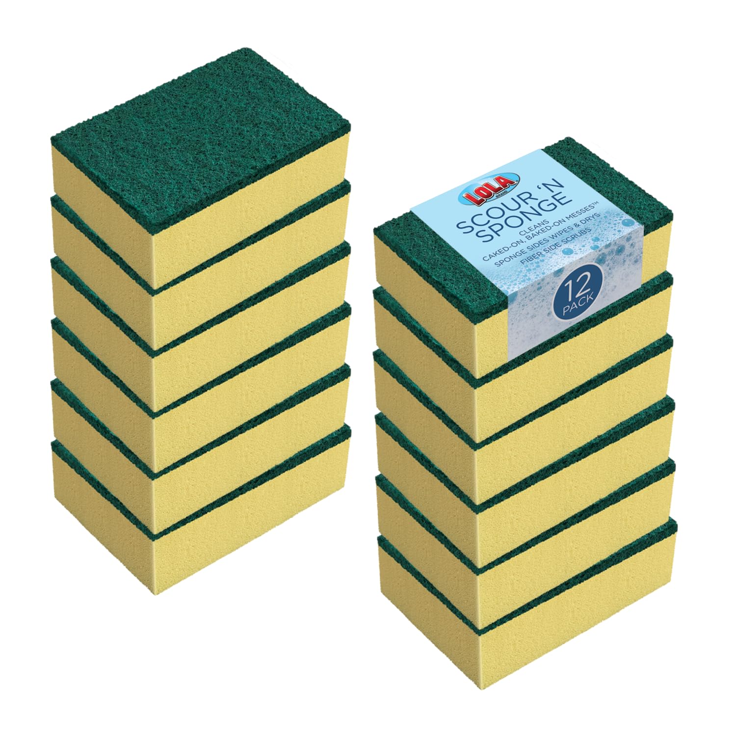 LOLA Pot Brite Scour N' Sponge, 12 Pack, Non-Scratch Dish Scrub, Nylon & Polyester, Fiber Side Scrubs & Scours & Sponge Side Wipes & Dries
