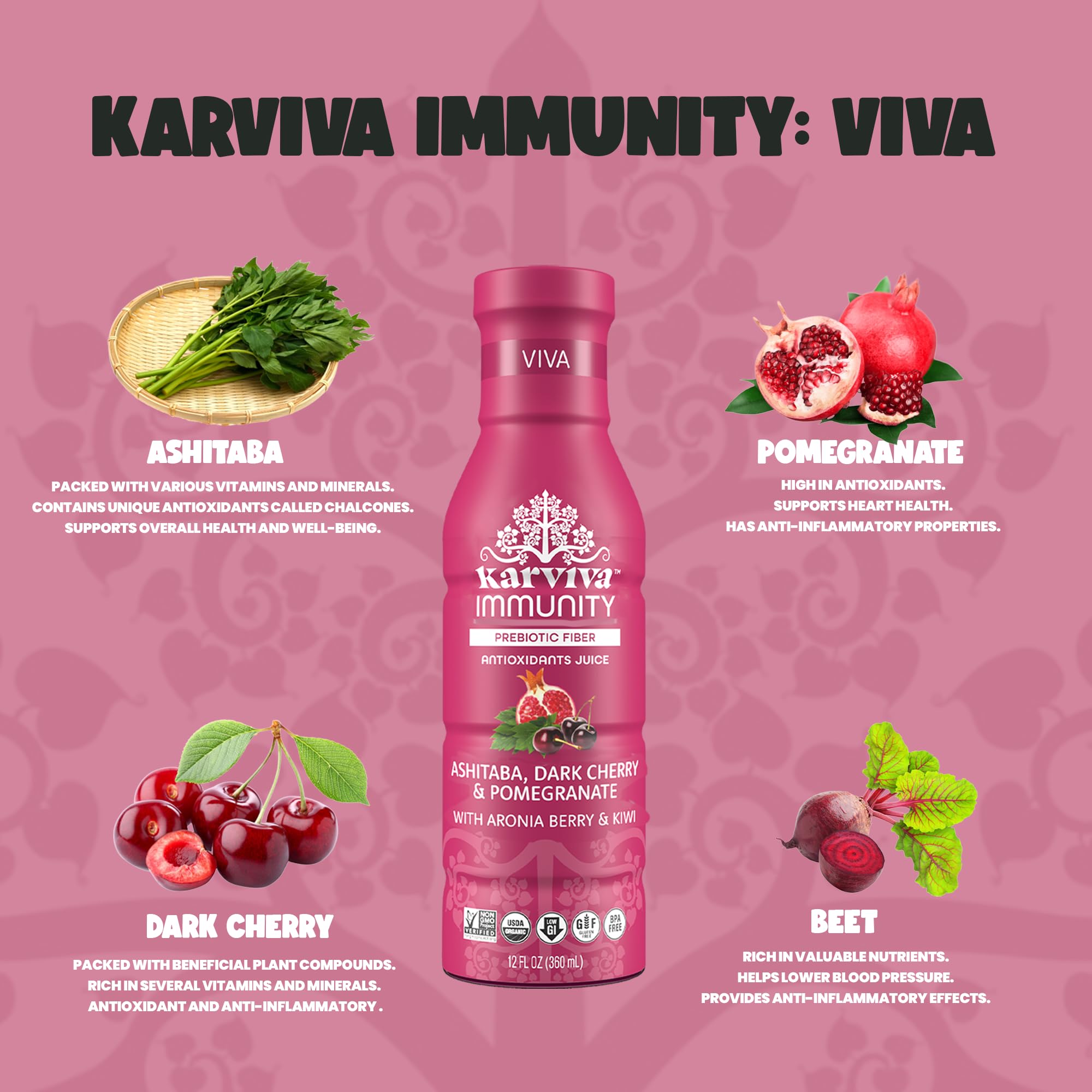 Karviva Organic Juice with Ashitaba, Pomegranate, and Dark Cherry, Vitamin K, Vitamin C, Essential Minerals (6 Bottles, 12 fl. oz. each)
