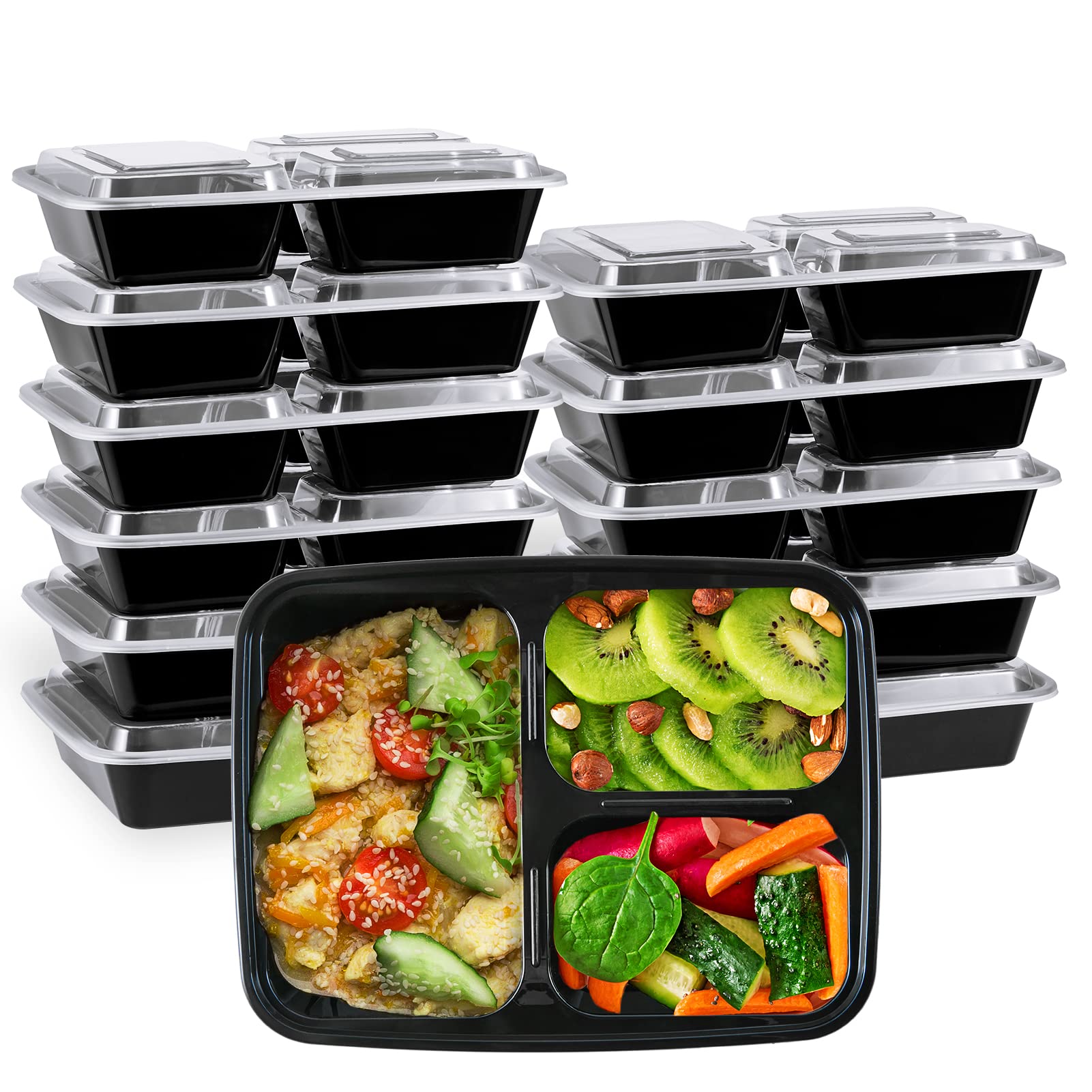 MUCHII 32 oz 3 Compartment Meal Prep Containers With Lids 20 Count To Go, Plastic Disposable Food Containers Microwave and Freezer Safe