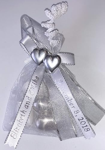 Unique Wedding Favors of Organza Bag with 5 Jordan Almonds, Personalized Ribbons & Double-Heart - Set of 10 Favors (Silver)