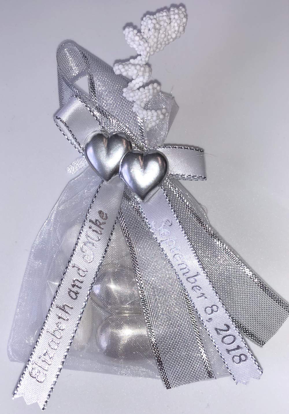 Unique Wedding Favors of Organza Bag with 5 Jordan Almonds, Personalized Ribbons & Double-Heart - Set of 10 Favors (Silver)