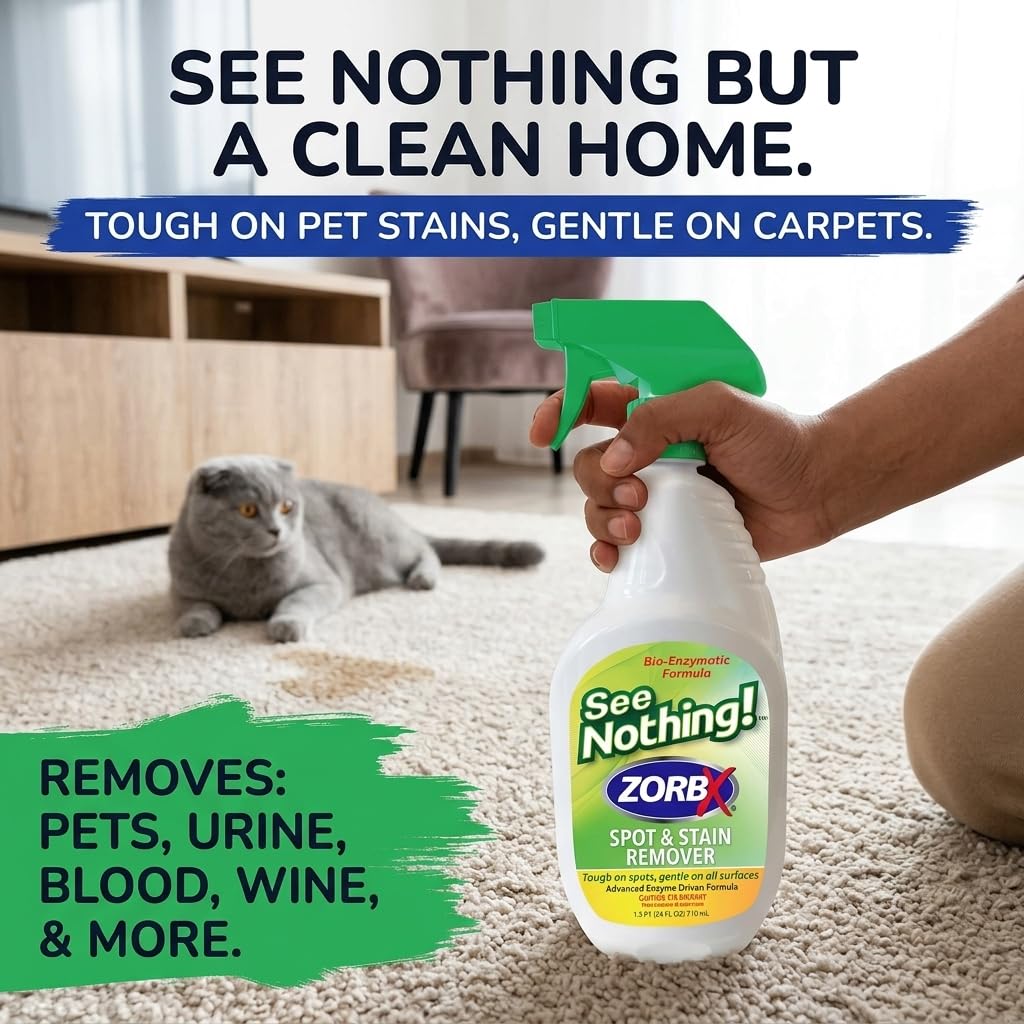 ZORBX See Nothing Spot & Stain Remover Spray (24 oz.) - All Purpose Cleaner for Shoes, Clothes, Furniture & Pet bedding - Fast-Acting Scrub-Free Odor