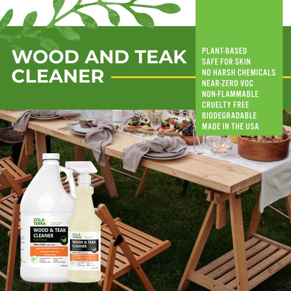 ZolaTerra Teak Wood Cleaner 32 oz Restore, Renew, Refresh Old, Weathered, Gray Teak and Other Woods, Marine Grade for Outdoor Furniture, Decks, Boats