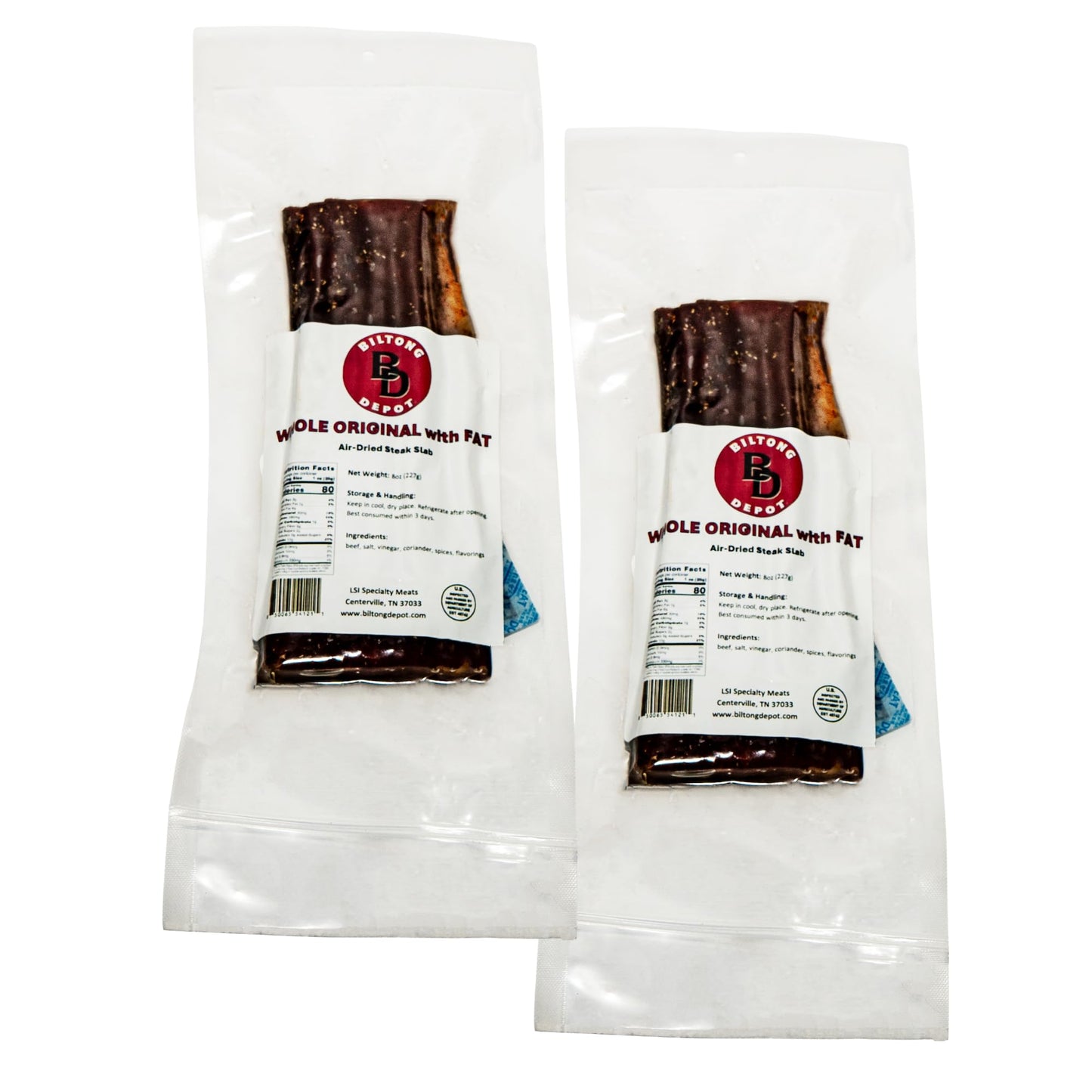 Biltong Depot Original Beef Biltong Slab with Fat - 1lb (2 x 8oz Slabs) | Air-Dried Beef Jerky Snack | High Protein | Zero Sugar | Keto & Paleo