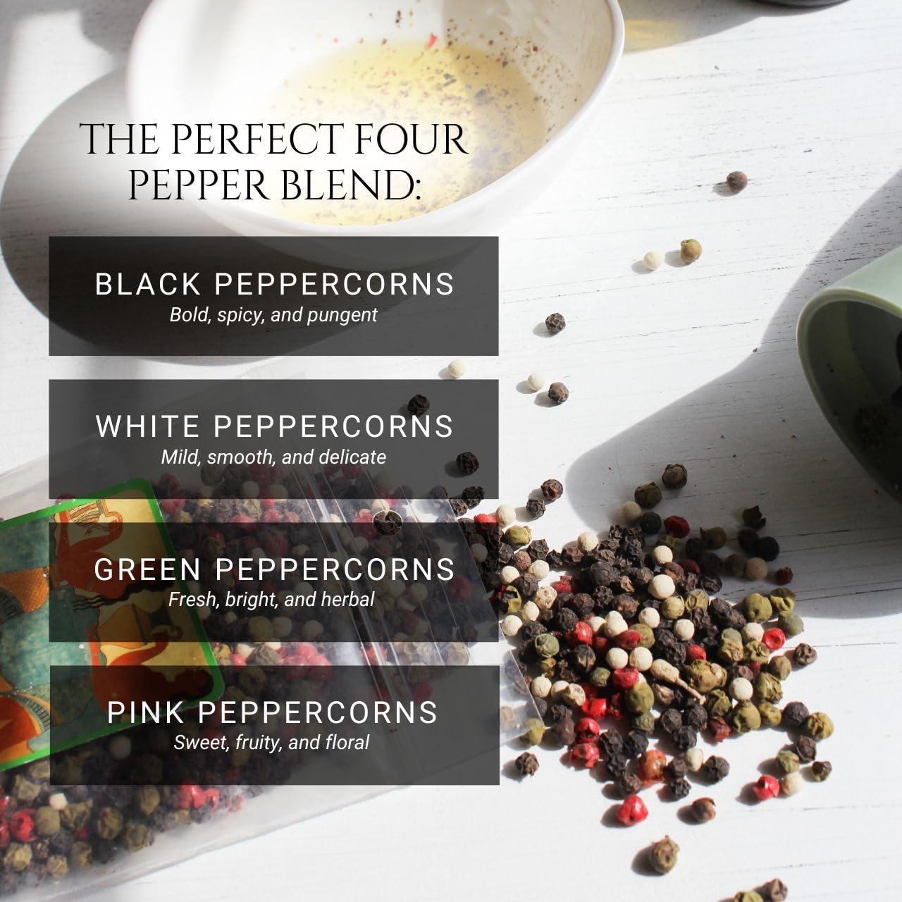Melina’s California Four Pepper Blend - Whole Peppercorns (Black, White, Pink & Green) - 6 oz | Gourmet & Rainbow Peppercorns for Grinder Refill |