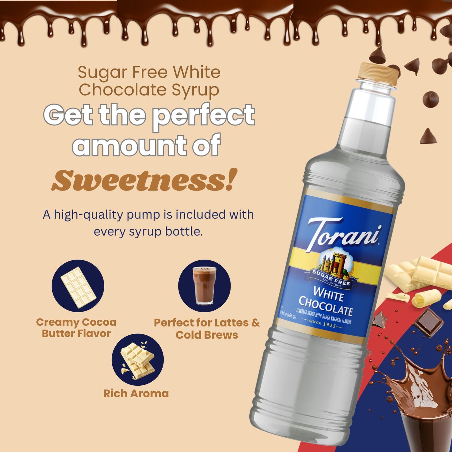 Torani Sugar Free White Chocolate Syrup 1 Liter Bottle with Pump - Zero Calorie Keto-Friendly Coffee Syrup for Lattes, Cold Brews & Desserts