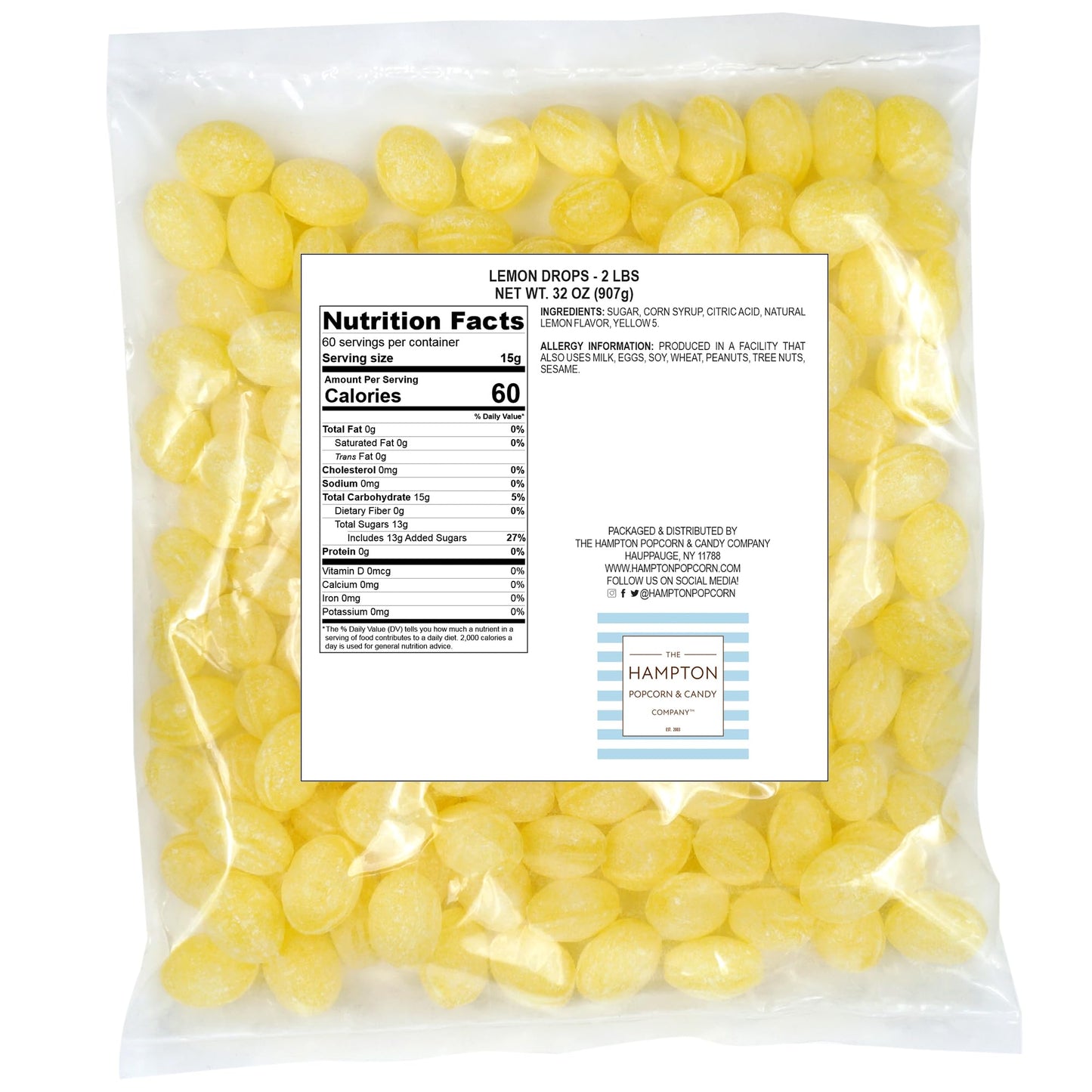 Claeys Sanded Lemon Drops, 2 Pound Bulk Bag (Approx 144 Pieces), Hard Sour Candy, Lemon Flavored Candy