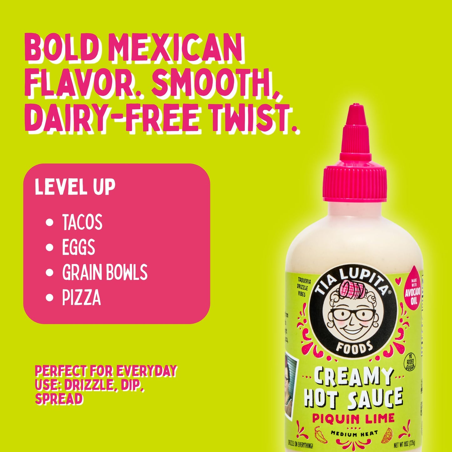 Tia Lupita Creamy Hot Sauce Piquin Lime | Gluten-Free, Non Dairy Made with Avocado Oil, No Added Sugar | 8 Ounce Squeeze Bottle (Pack of 2)