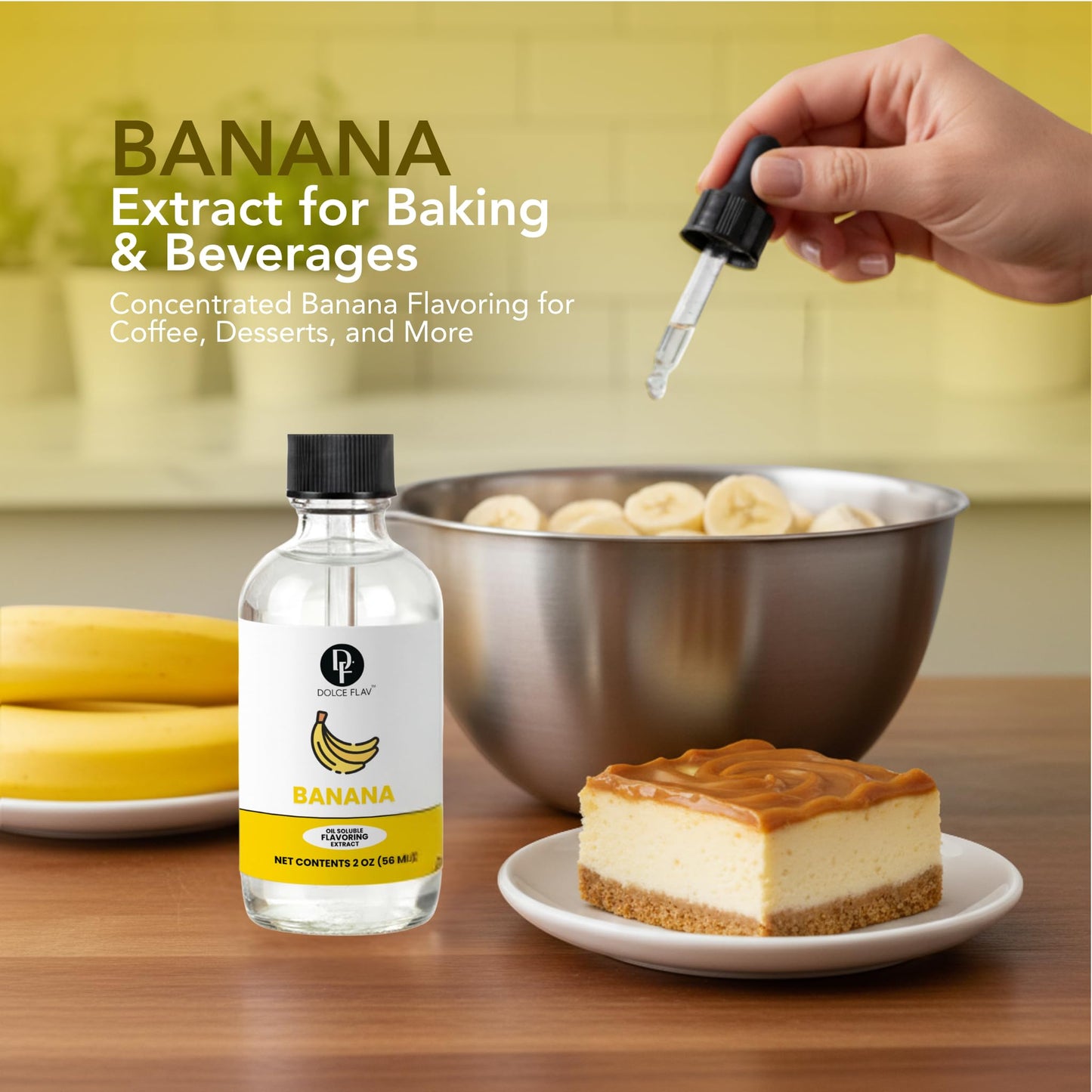 Dolce Flav Banana Extract - 2 Ounce Oil-Soluble Kosher, Sugar-Free, Concentrated Ripe Banana Flavoring for Baking, Smoothies & Ice Cream, Includes