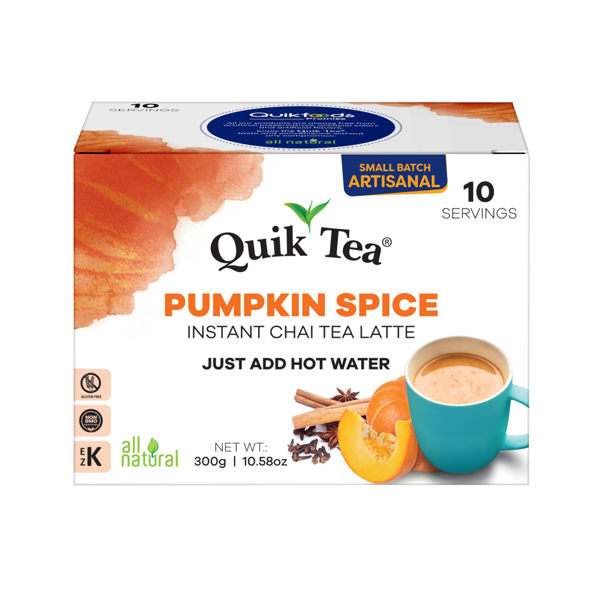 QuikTea Pumpkin Spice Instant Chai Tea Latte - 10 Count, Bold Flavor, Naturally Caffeine-Light, No Preservatives - Just Add Hot Water