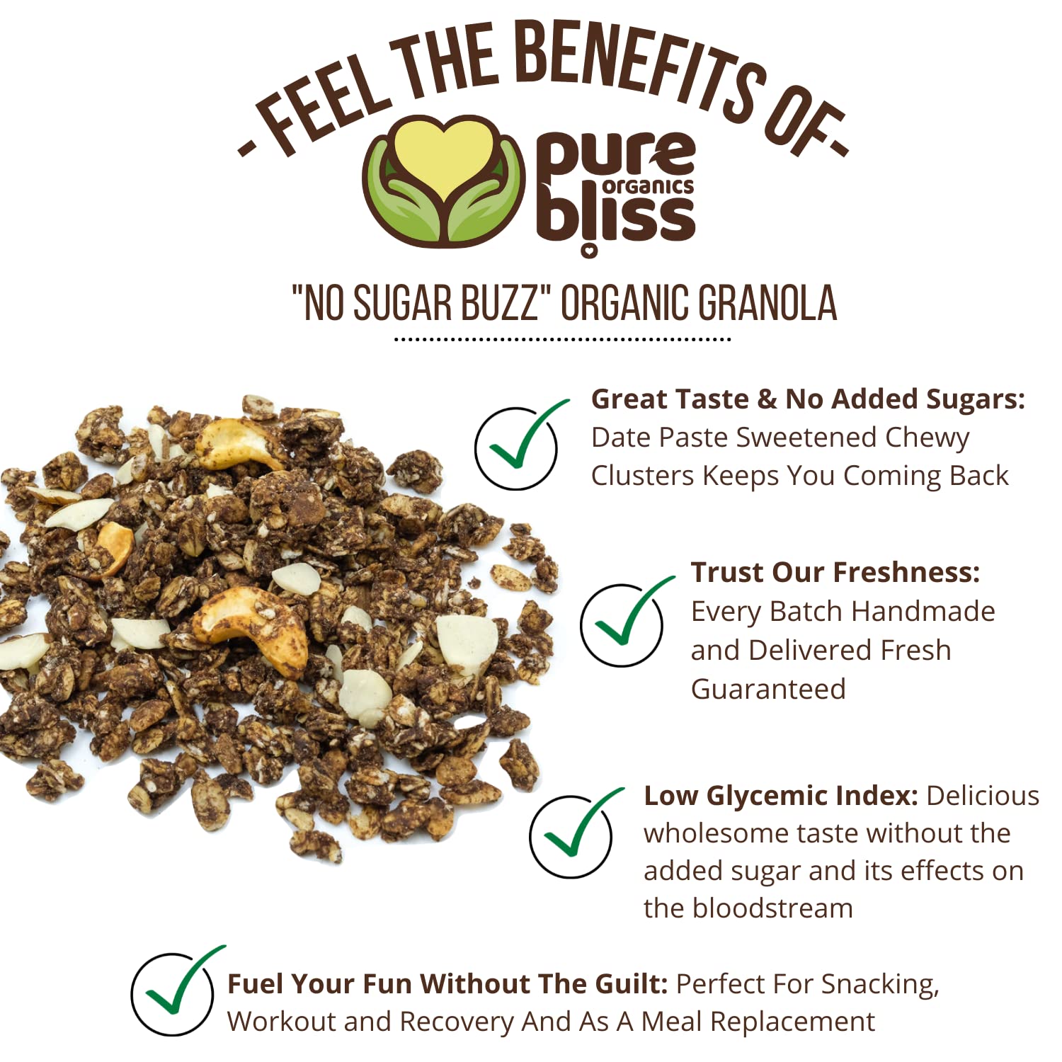 Pure Bliss Organic Low Sugar Granola (Cocoa Cashew Butter) Gluten Free, Vegan, Non-GMO, Low Glycemic, Best Tasting No Sugar Added, Superfoods, Healthy