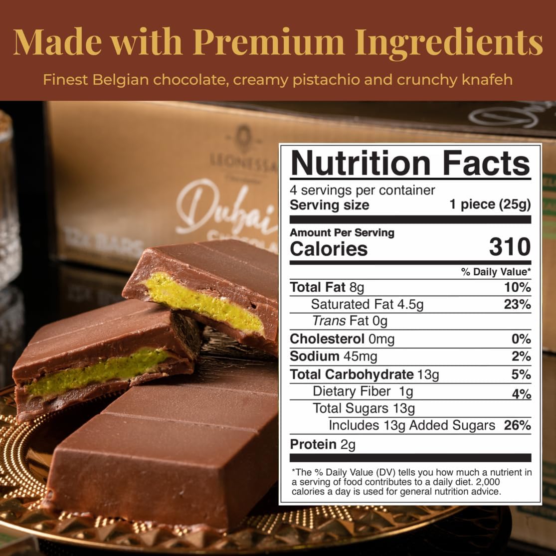 Leonessa Dubai Chocolate Bar Pistachio Kit - Premium Dubai Chocolate Bar with Pistachio - Rich Flavor & Creamy Texture - 3.5 Oz Pack of 2