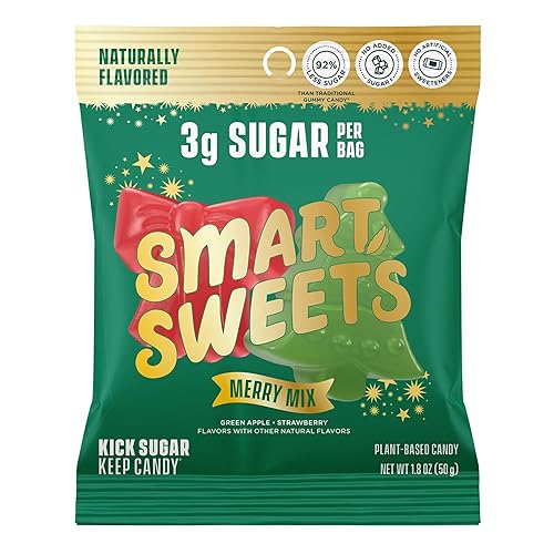 SmartSweets Merry Mix Christmas Candy, Gluten Free Gummies, Plant Based, Healthy Snacks for Adults & Kids, Stocking Stuffers, Fun Chewy Candy, Green