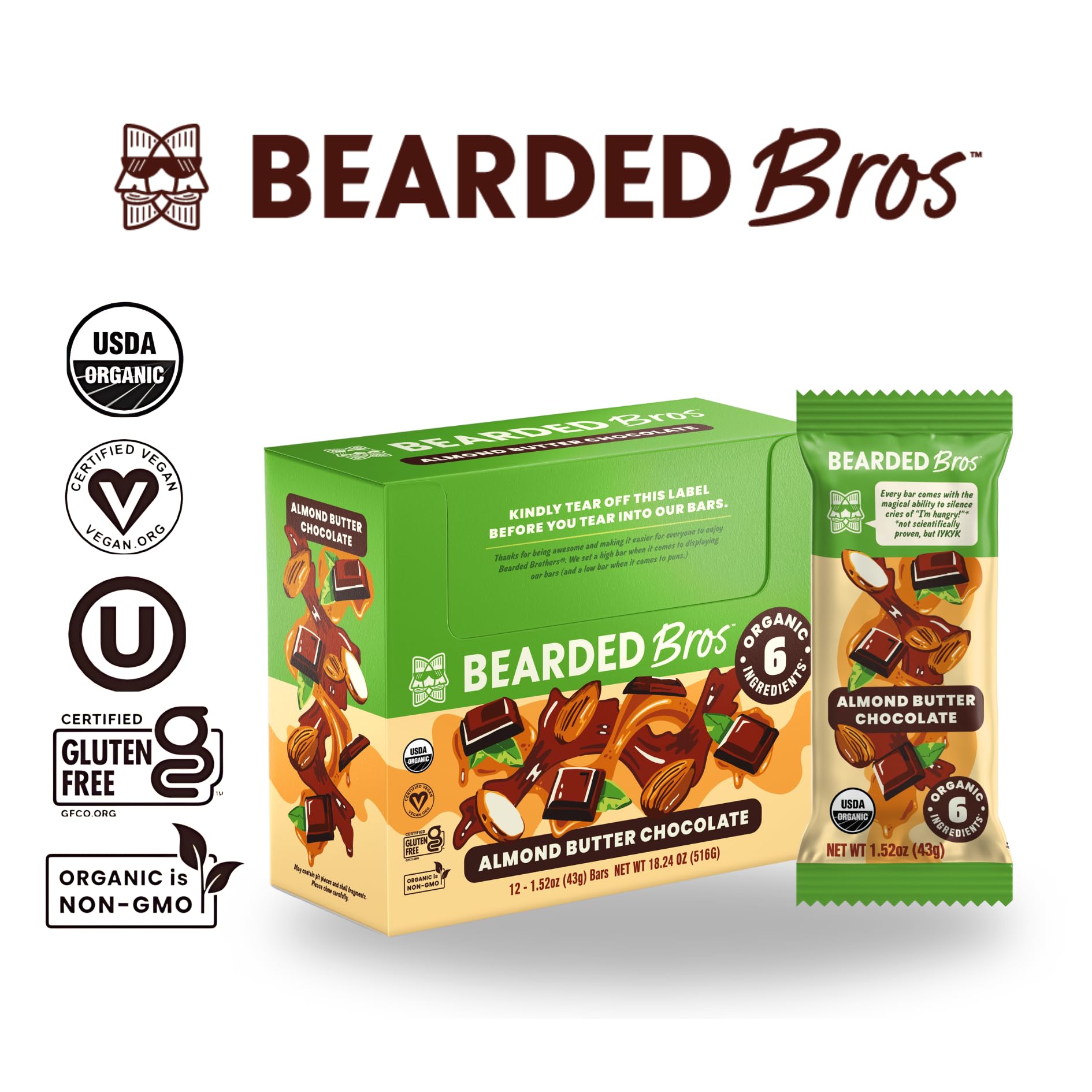 Bearded Brothers Organic Vegan Energy Bars - Gluten & Soy Free, Paleo, Whole 30 | Non GMO, Low Glycemic, High Protein, Fiber (12 Count (Pack of 1)