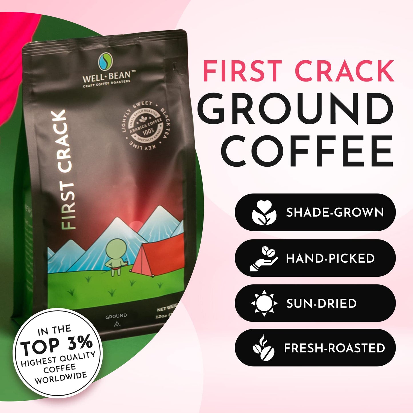 Well-Bean Coffee, First Crack, Ground, Light Roast, Breakfast Blend, Honduras Organic Coffee Beans, High Grown, Sun-dried, Small-Batch Roasted, 12 oz